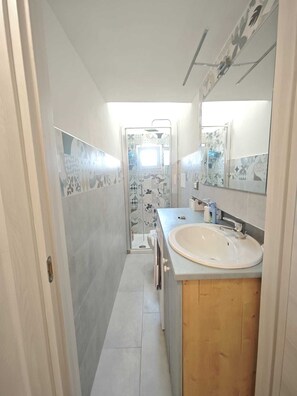 Douche, sèche-cheveux, savon, papier toilette