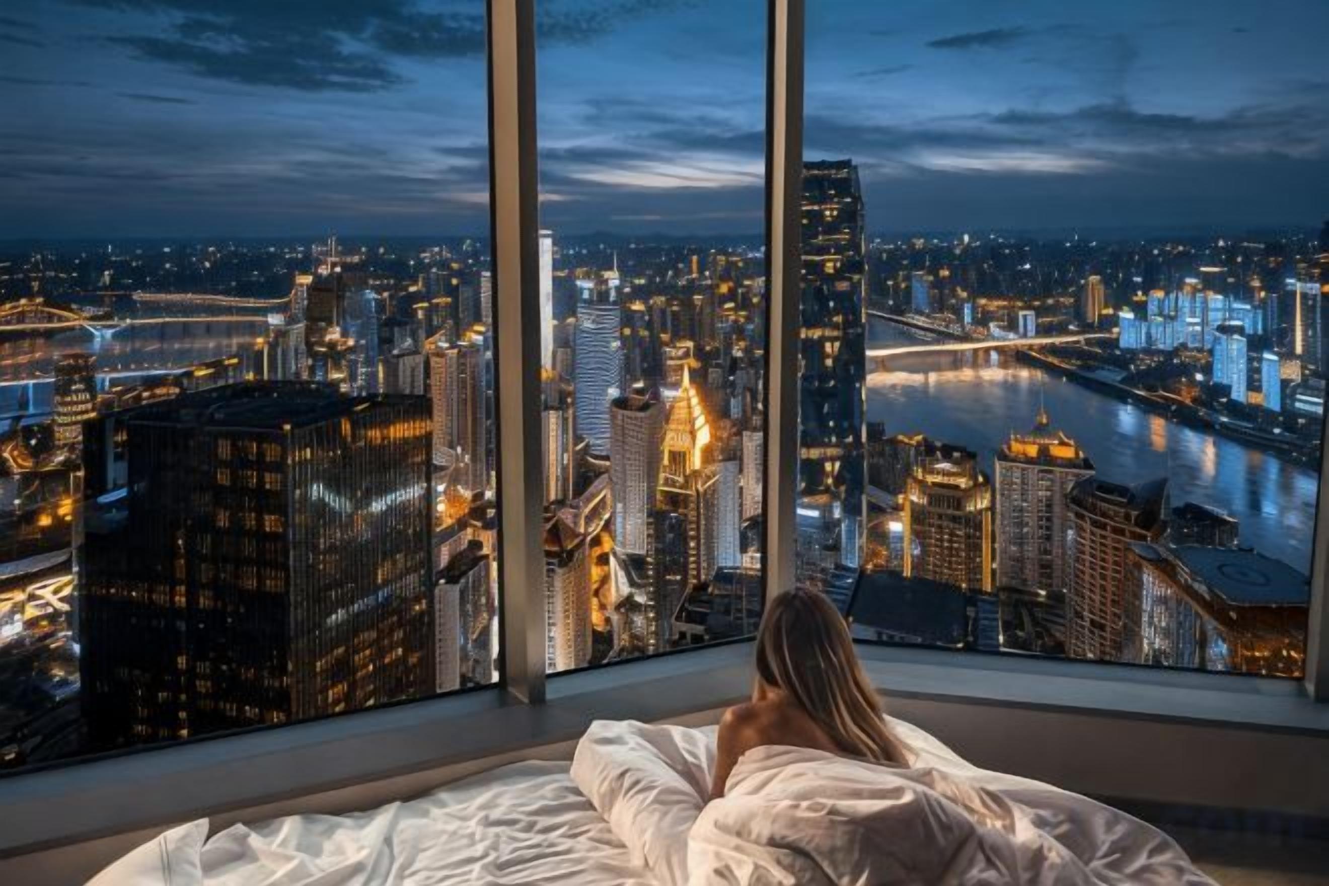 Eine Person liegt im Bett, durch große Fenster ist eine Stadtansicht zu sehen.