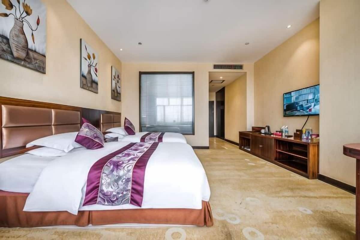 A hotel room with a large bed, a television, and a view of the city.