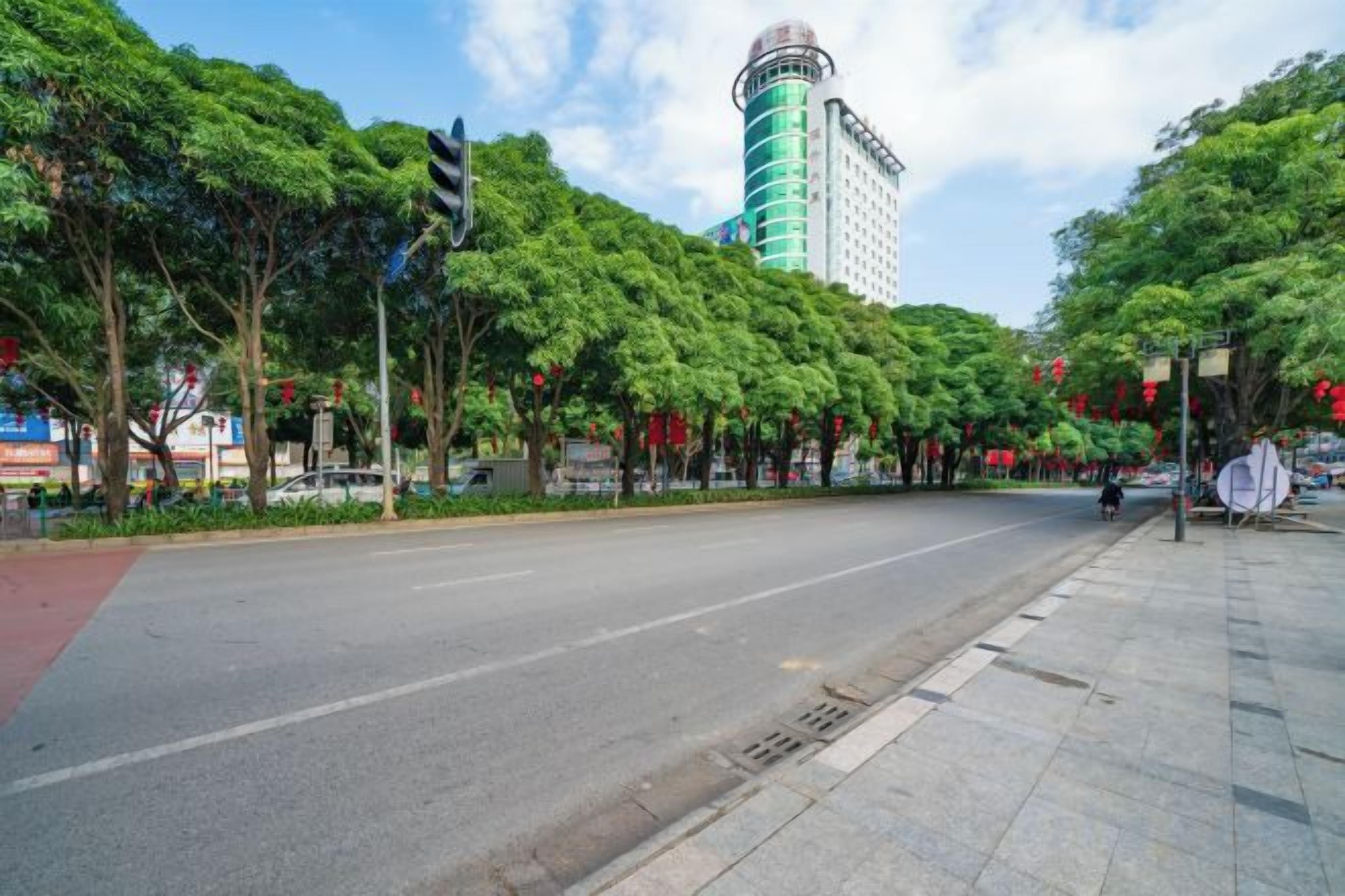 Uma rua larga com árvores, um semáforo e um edifício alto ao fundo.