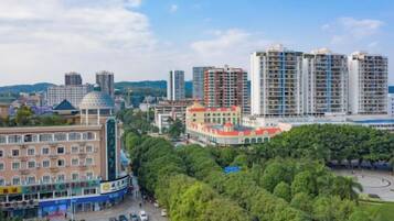A cityscape with high-rise buildings, a green park, and a building with a dome.