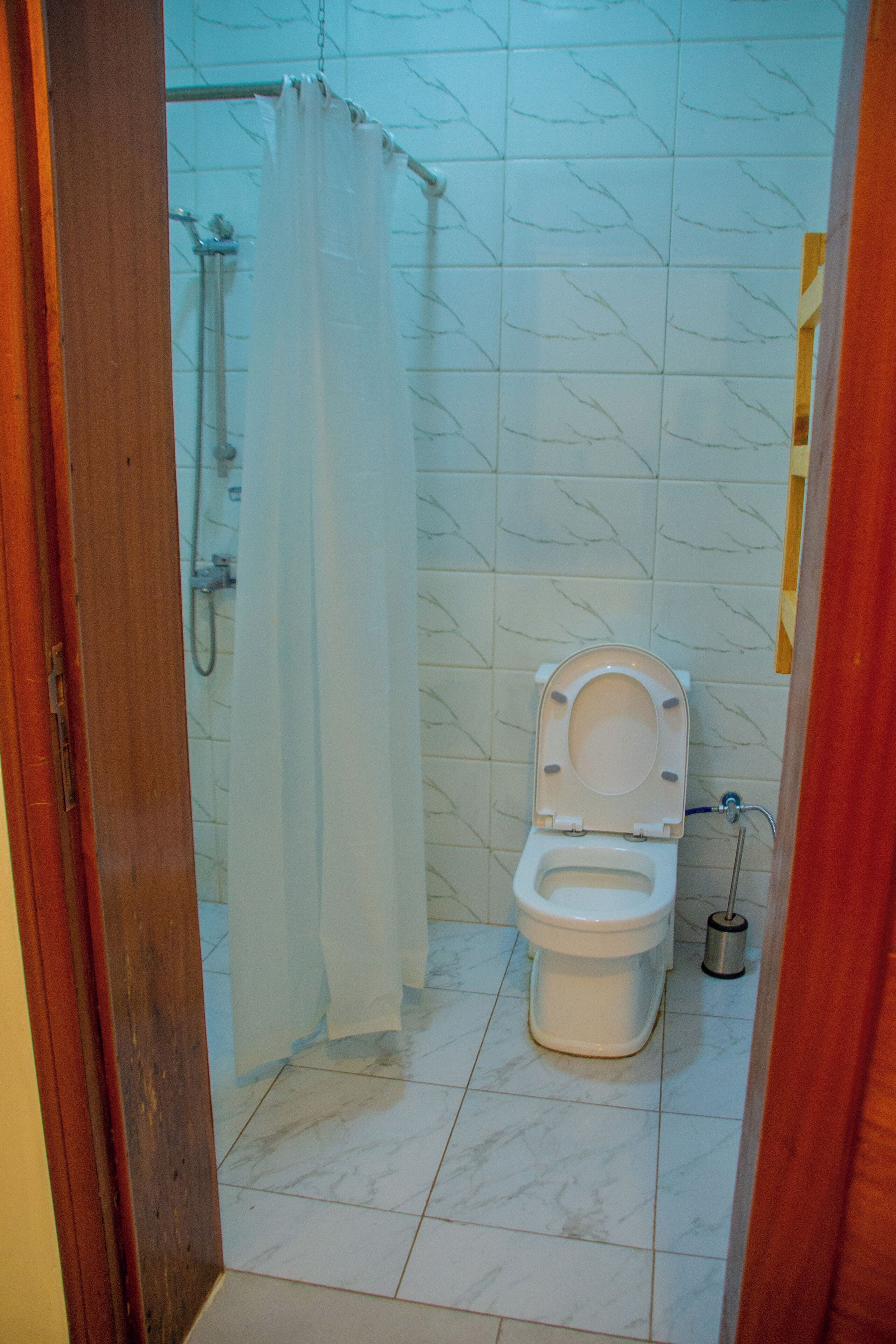 A bathroom with a toilet, shower, and a toilet brush.