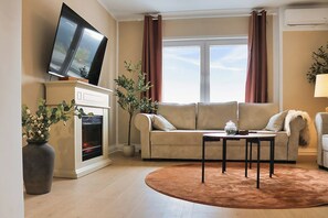 TV connectée, cheminée, livres