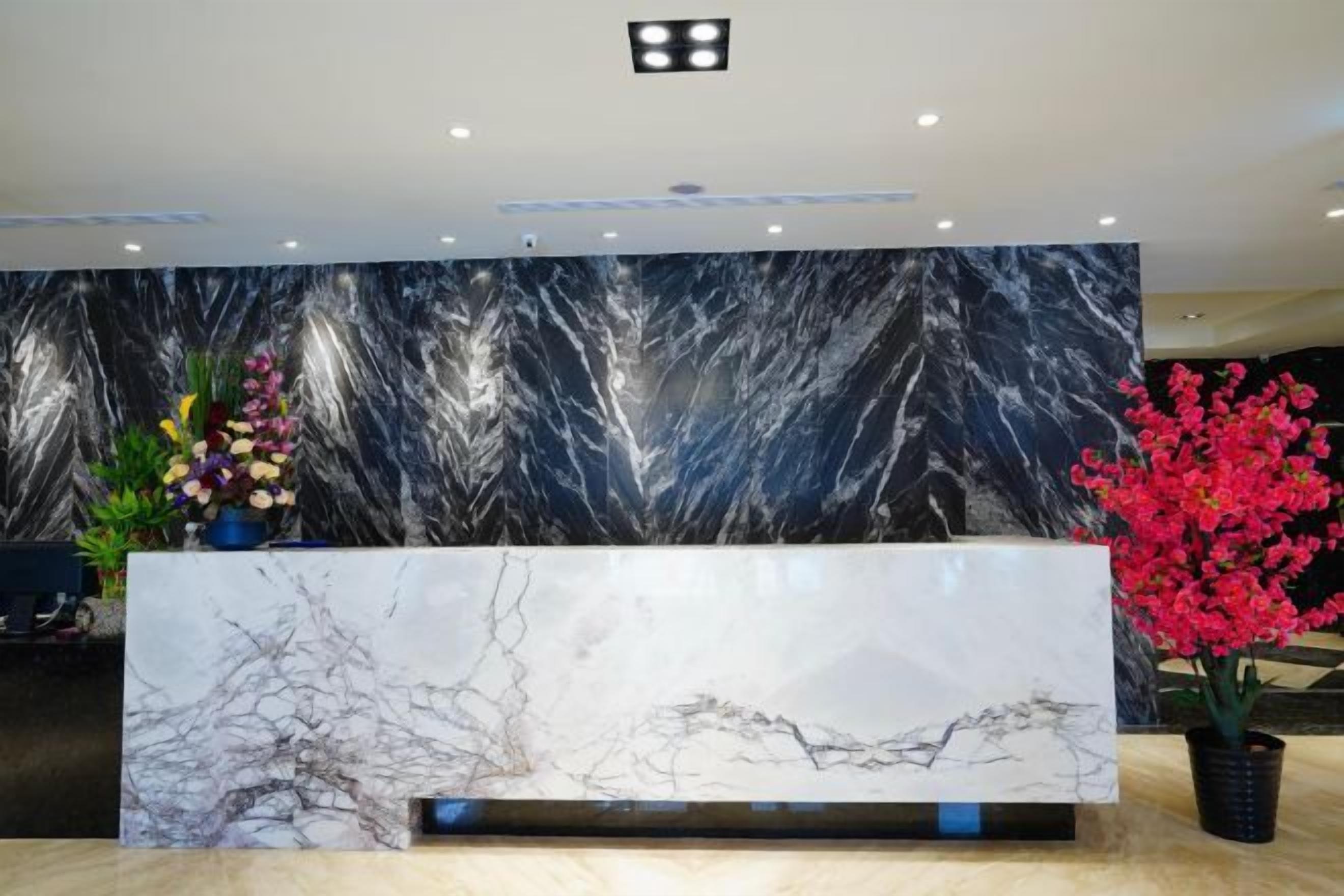 Una recepción con diseño de mármol, una pared abstracta en blanco y negro y plantas en macetas.