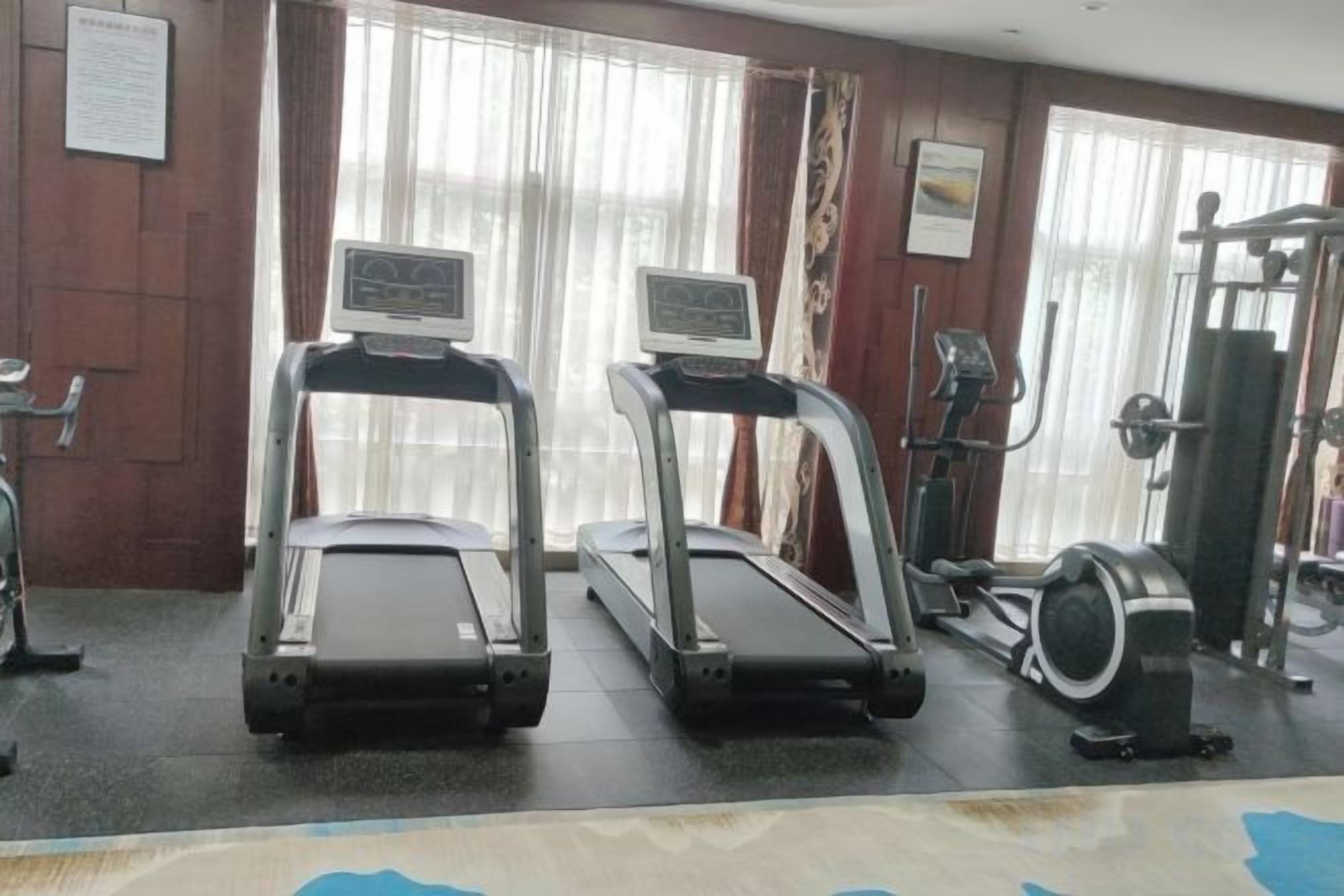 A gym with treadmills and exercise equipment.
