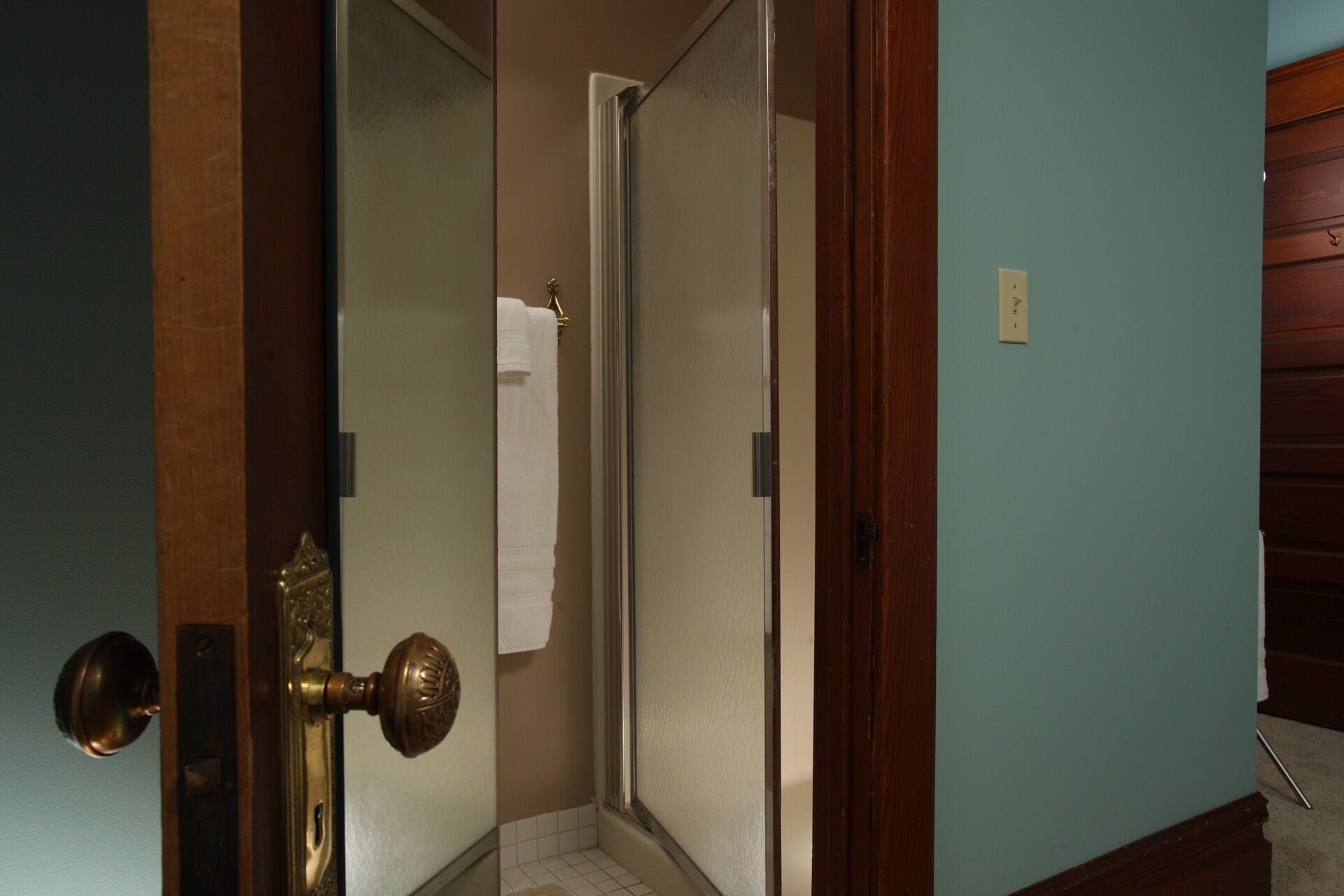 Une salle de bain avec une porte de douche en verre, une serviette accrochée au mur et une porte en bois dotée d’une poignée en laiton.