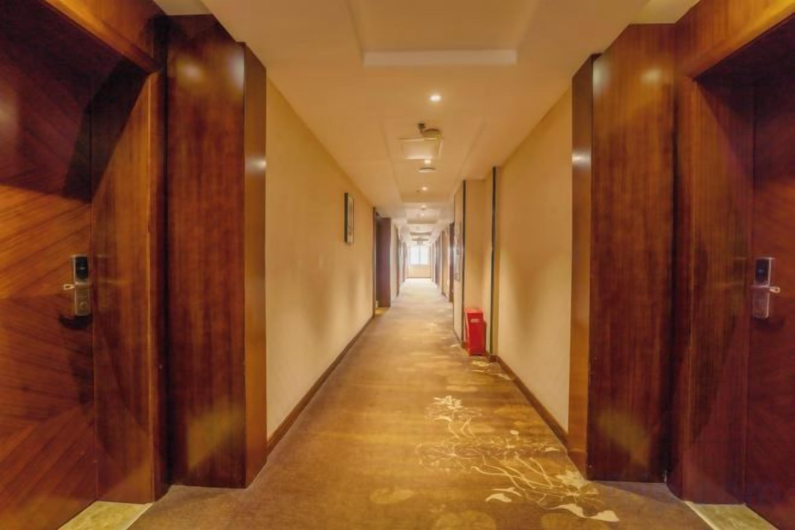 A hotel hallway with wooden doors, a carpeted floor, and a red fire extinguisher.