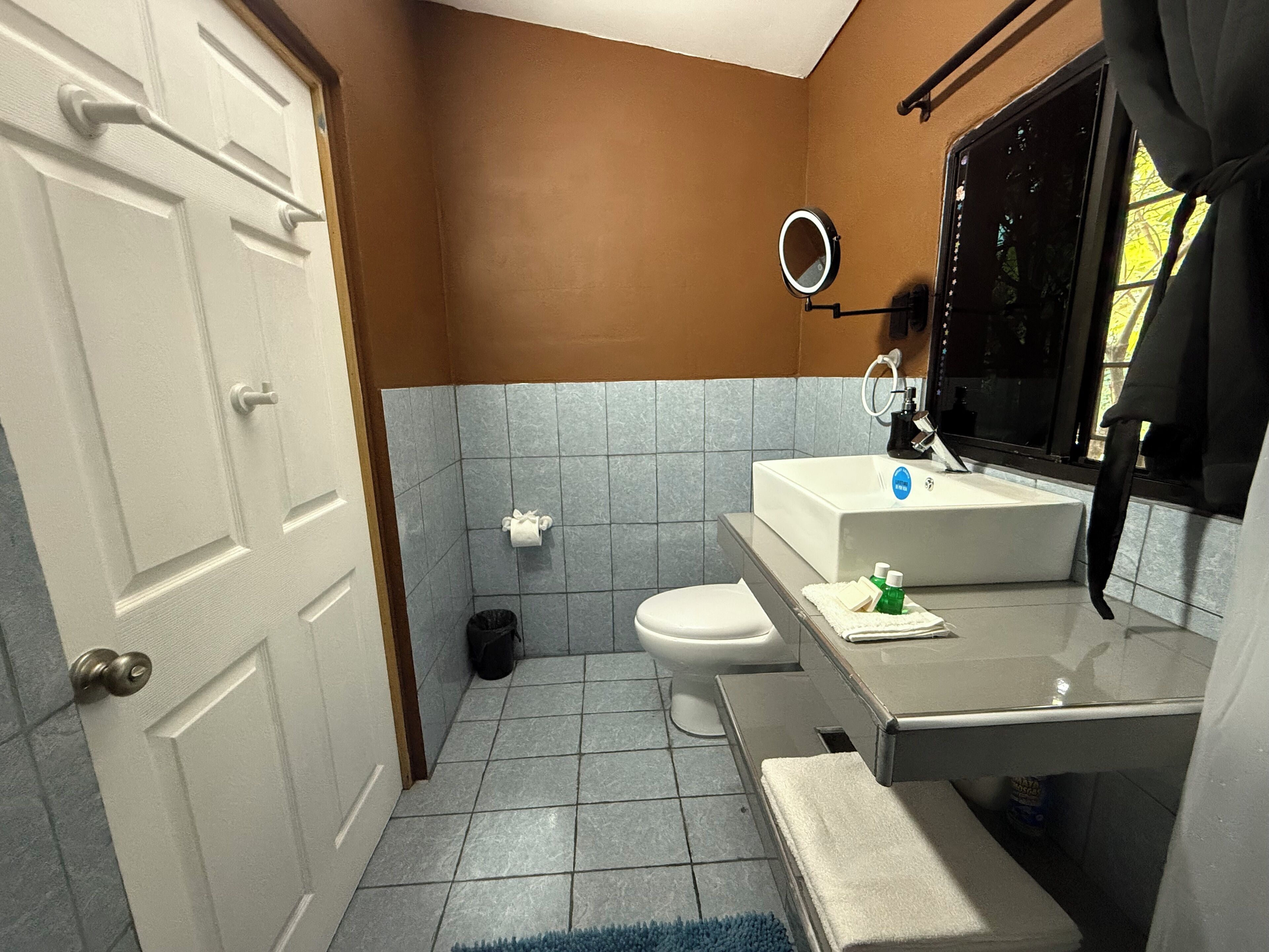 A bathroom with a toilet, sink, and mirror.