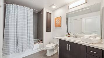 Secadora de cabello, toallas, jabón, shampoo