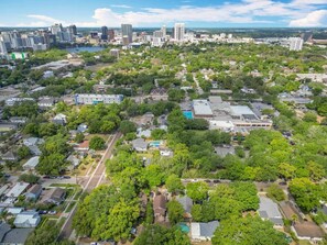 An aerial view of a residential area with houses, streets, and a city skyline in the background.