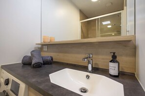 Shower, hair dryer, towels