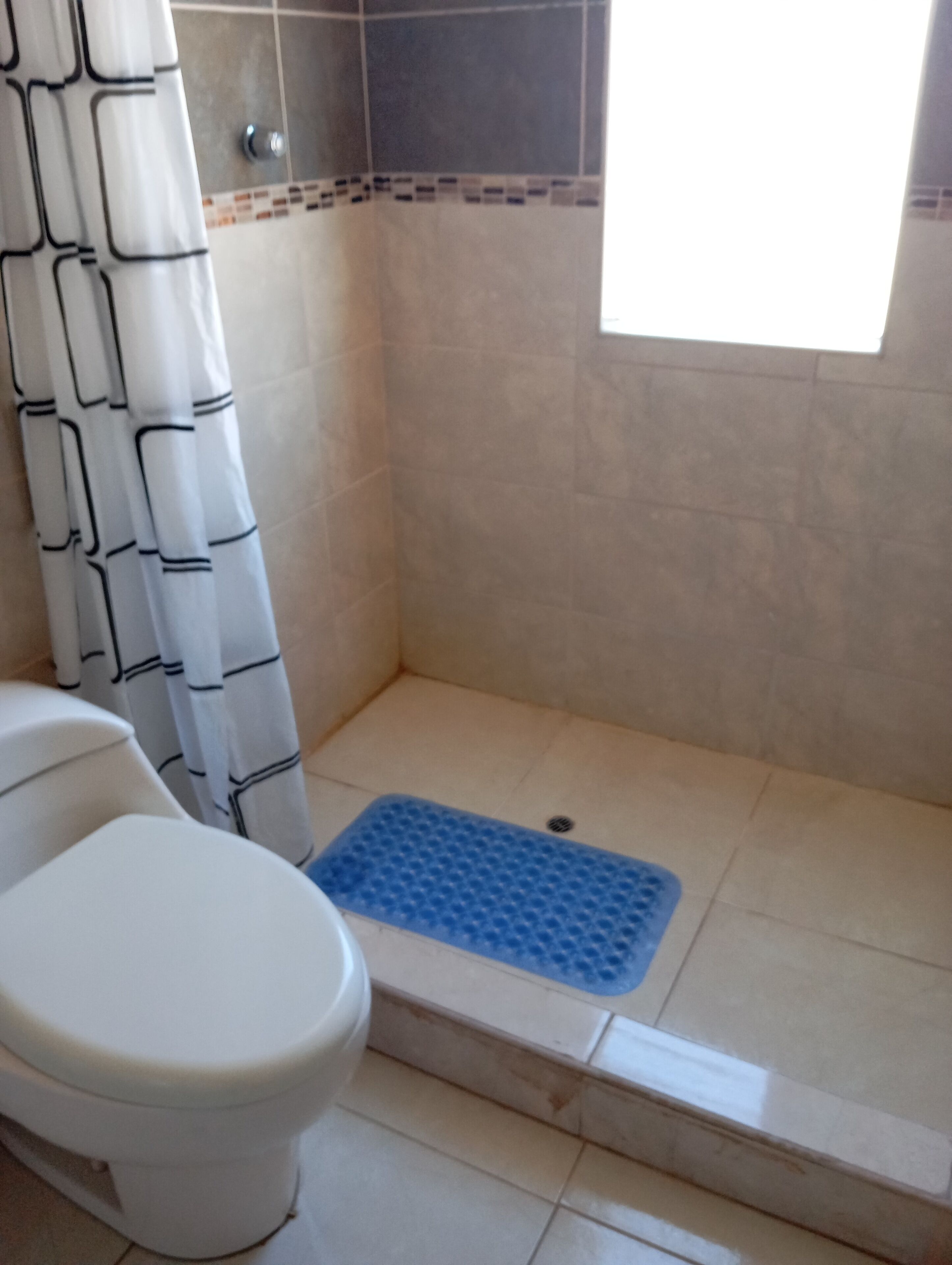 Un baño con ducha, inodoro y una ventana pequeña.