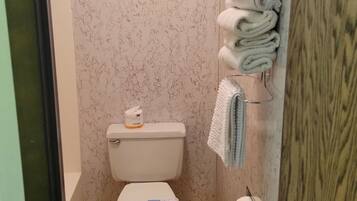 Een bad/douchecombinatie, gratis toiletartikelen, een haardroger