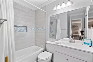Hair dryer, towels, soap, shampoo