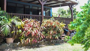 Une véranda couverte avec un mur en pierre et des plantes en pot.