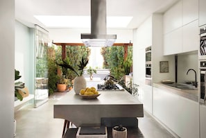 Una cocina moderna con una isla central, estufa integrada y vistas a un jardín exuberante a través de un ventanal.
