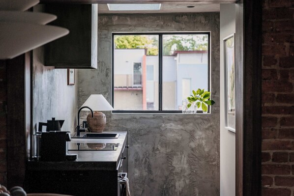 A kitchen with a window, a sink, and a plant.