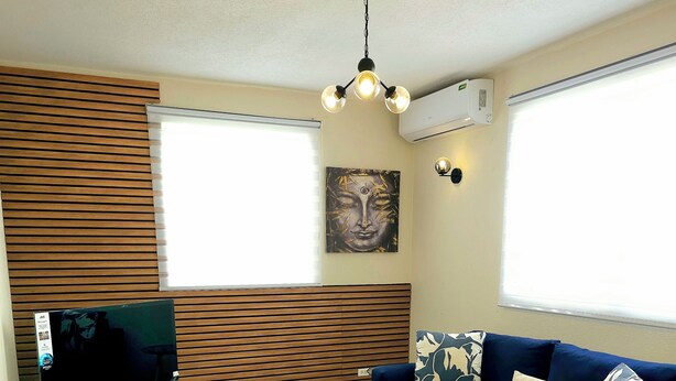 Een moderne woonkamer met een blauwe bank, een televisie en een decoratieve Boeddhabeleid.