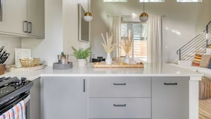 A modern kitchen with grey cabinets, a central island with a sink, and a ceiling fan. - Private Pool, Firepit, Patio Steps to East Austin Dining, Music, Art, Murals (Austin)