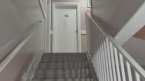 Una escalera con barandilla blanca y una puerta al final.