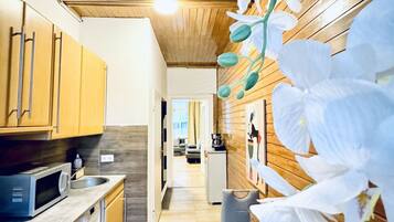 Mikrowelle, Herdplatte, Wasserkocher mit Kaffee-/Teezubehör