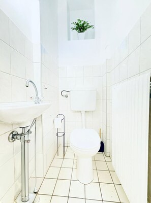 A small, white bathroom with a toilet, sink, and a window with a plant. - Comfy Room in a Shared Apt, Near FAC Platz (Vienna)