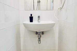 Shower, hair dryer, soap, shampoo