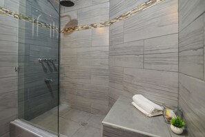 Shower, hair dryer, towels, soap