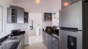 Moderni keittiö, jossa on sisäänrakennettu jääkaappi, mikroaaltouuni ja pesuallas.
