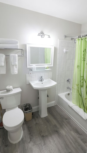 Hair dryer, towels, soap, shampoo