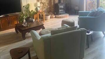 Een televisie en een open haard