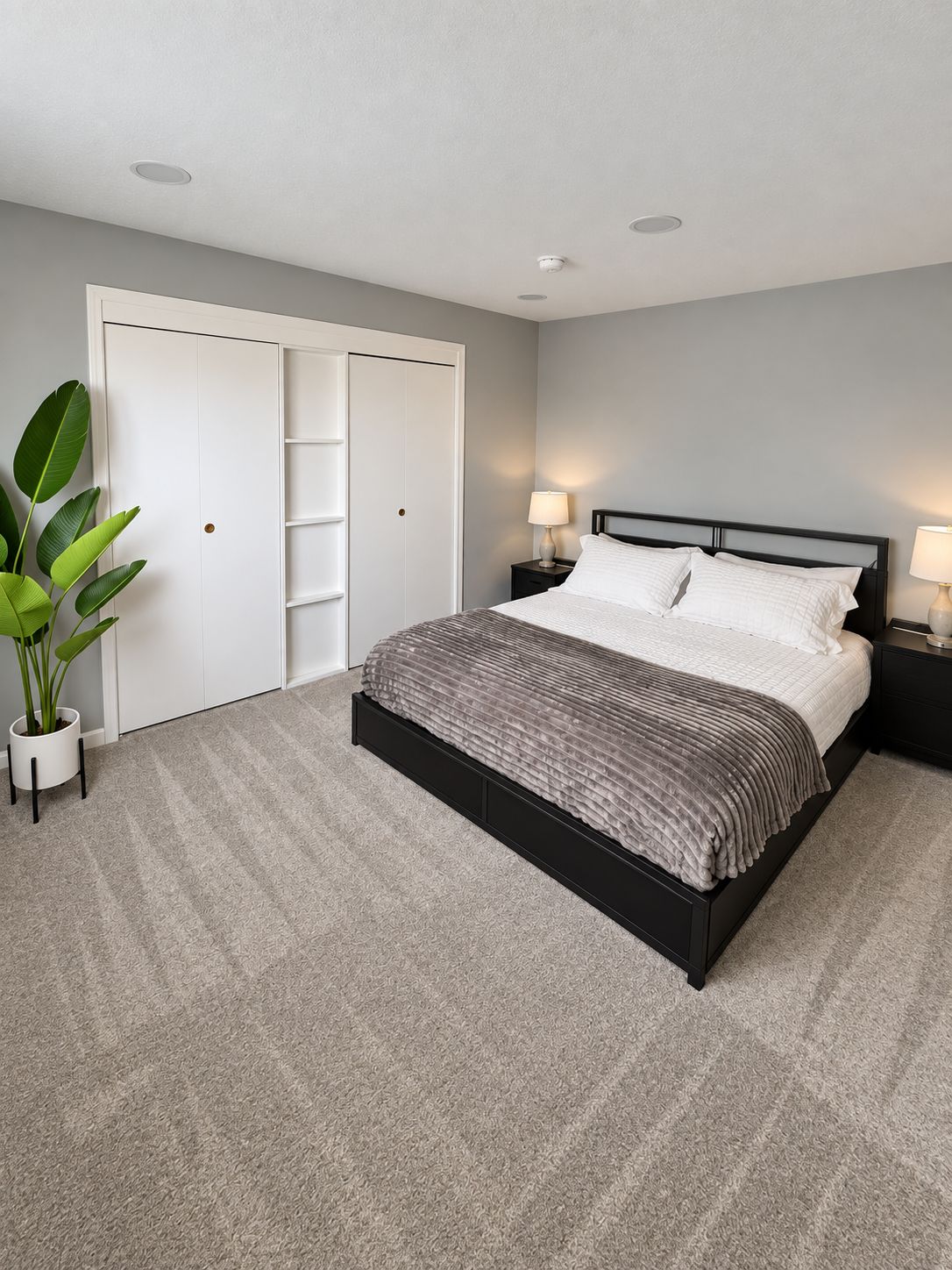 A bedroom with a bed, bedside tables, a nightstand, a potted plant, and a closet.