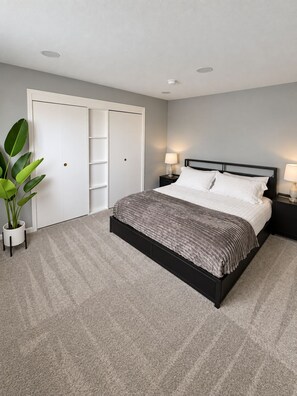 A bedroom with a bed, bedside tables, a nightstand, a potted plant, and a closet.