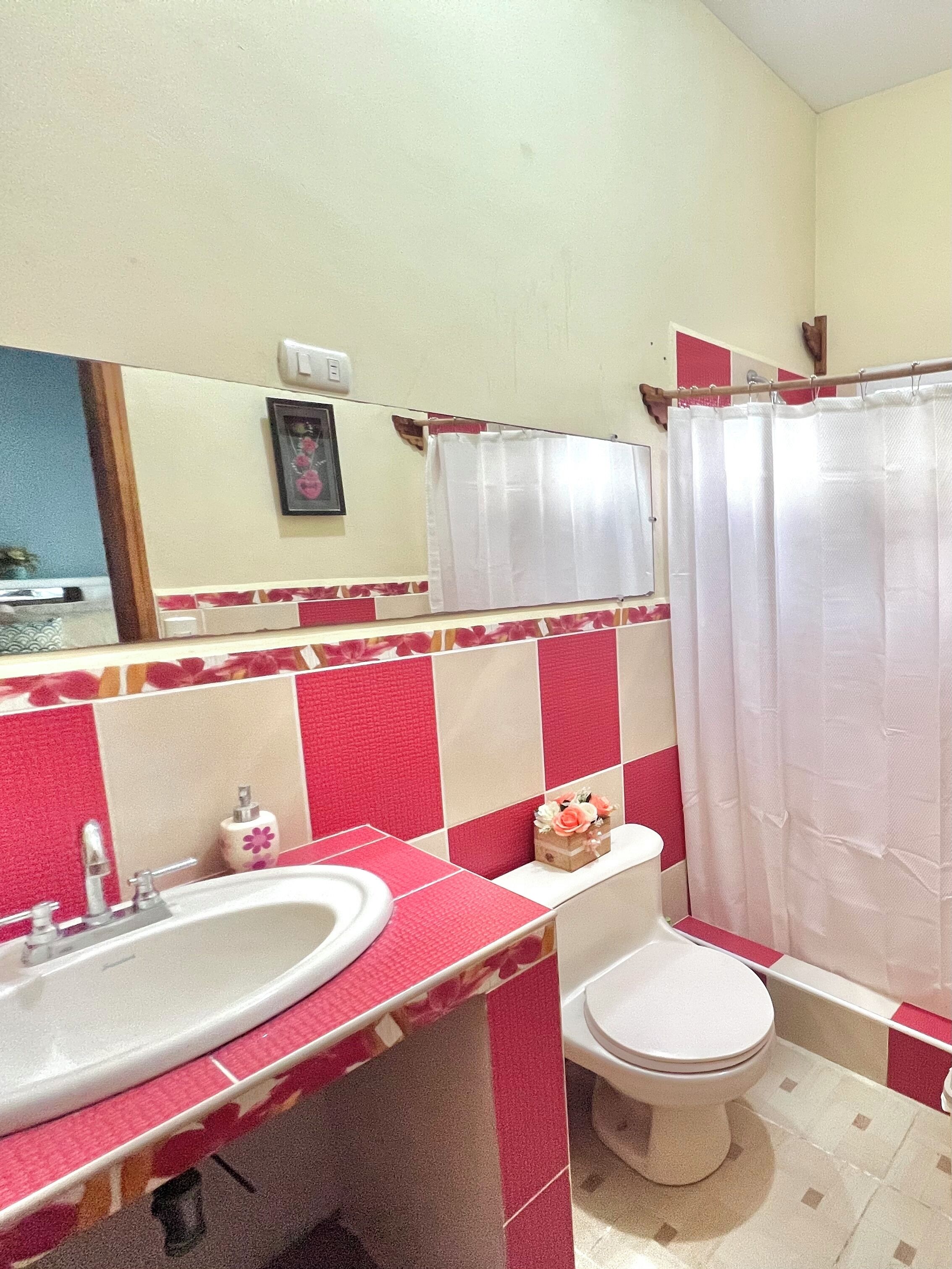 Une salle de bain équipée d’un lavabo, de toilettes et d’un rideau de douche.