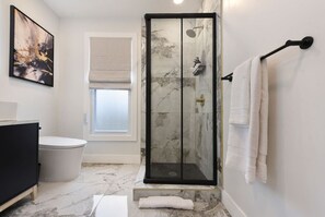 Eco-friendly toiletries, hair dryer, towels