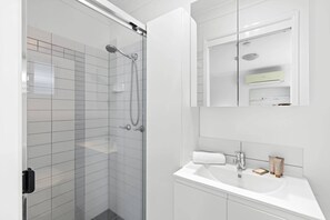 Shower, hair dryer, towels, shampoo