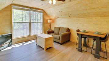 TV, fireplace, books