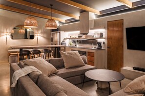 Smart TV, fireplace, stereo