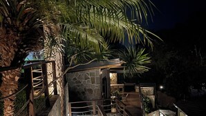 A nighttime outdoor pathway leading to a stone building with a wooden railing and palm trees.