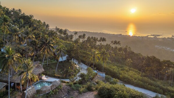 A resort with a pool, palm trees, and a sunset view.