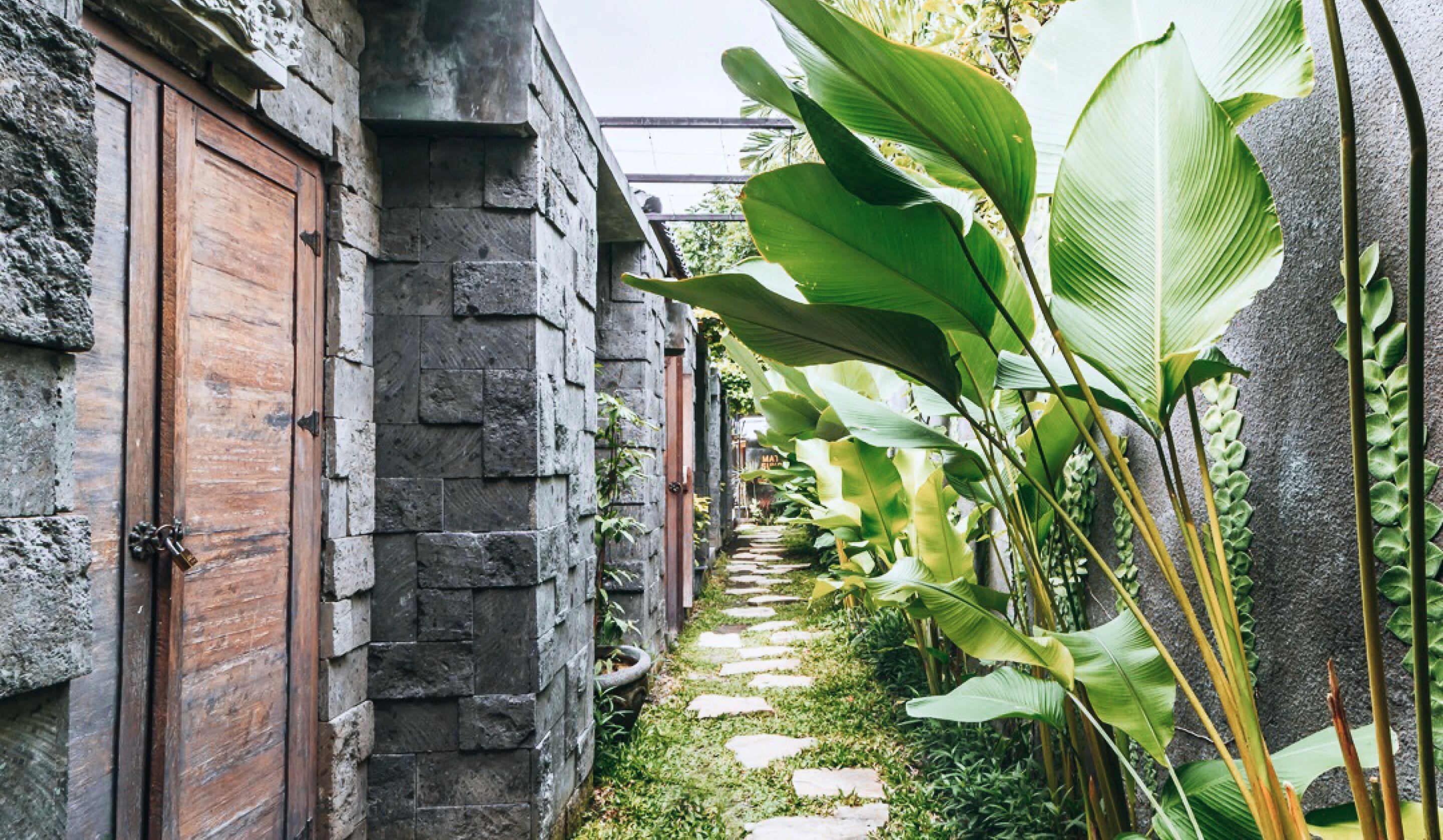 A narrow stone pathway flanked by lush greenery and a wooden door, leading to a building with a stone facade.