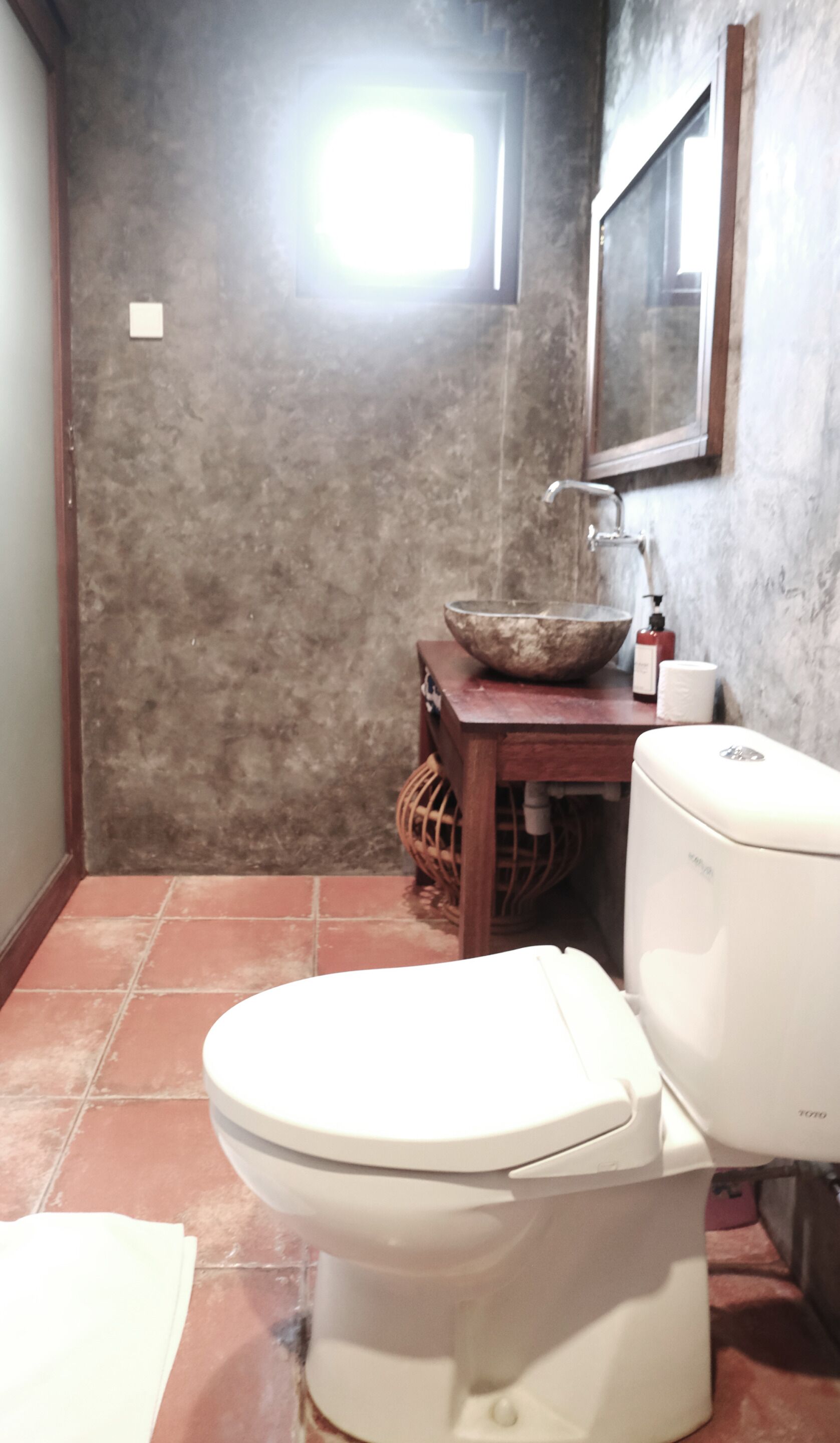 A bathroom with a white toilet, a wooden vanity with a bowl sink, and a mirror above the sink.