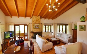 Televisio, takka, DVD-soitin, pöytätennispöytä