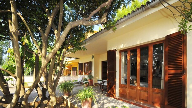 Ein Haus mit überdachter Terrasse, großen Fenstern und Blumentöpfen.