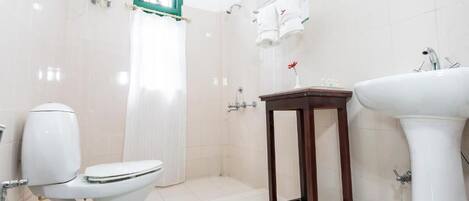 A bathroom with a toilet, a sink, and a shower.