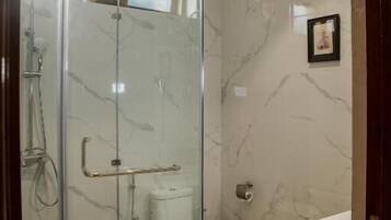 A modern bathroom with a glass-enclosed shower, a toilet, and a sink.