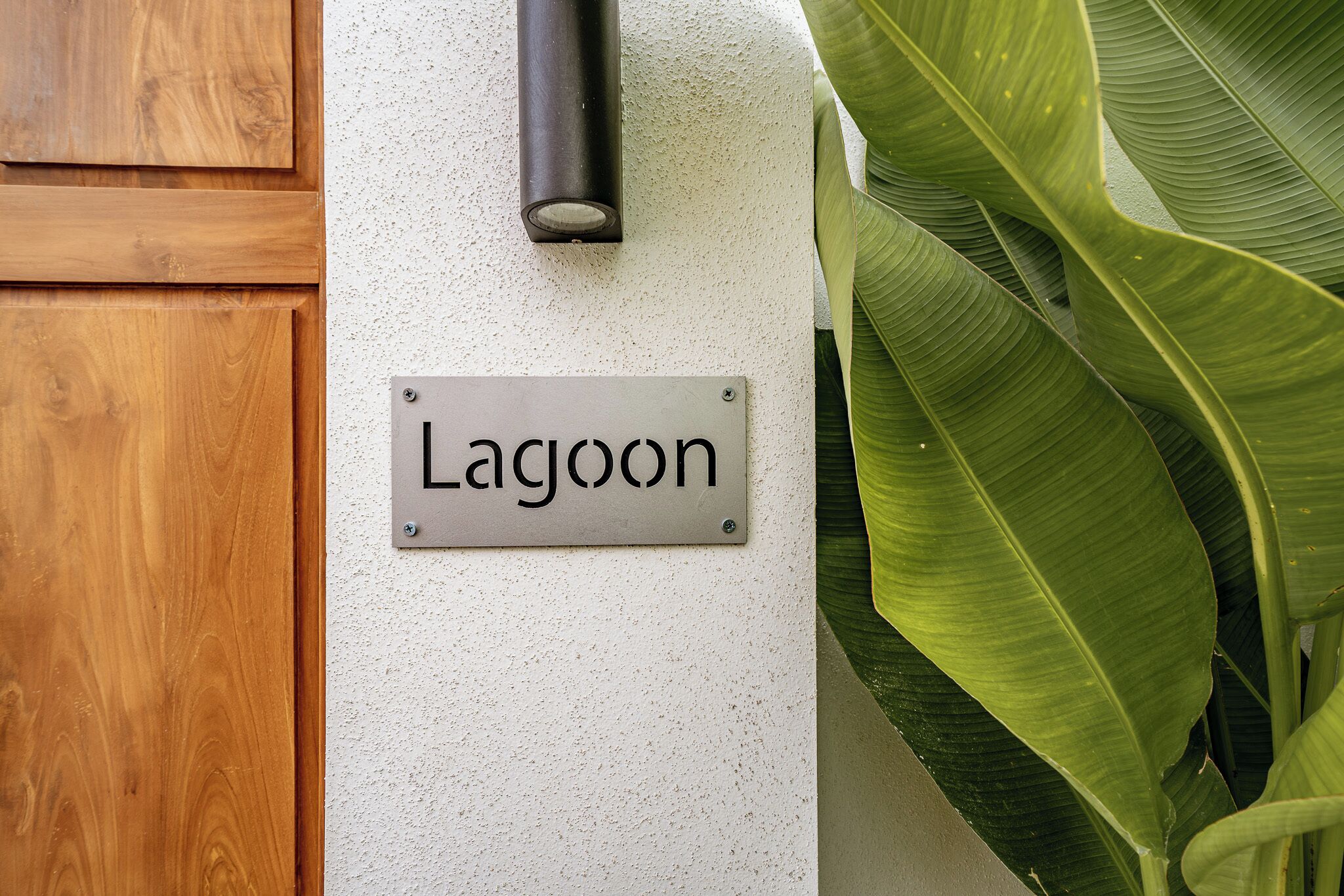A sign reading 'Lagoon' mounted on a textured wall, with a wooden door and a plant to the right.