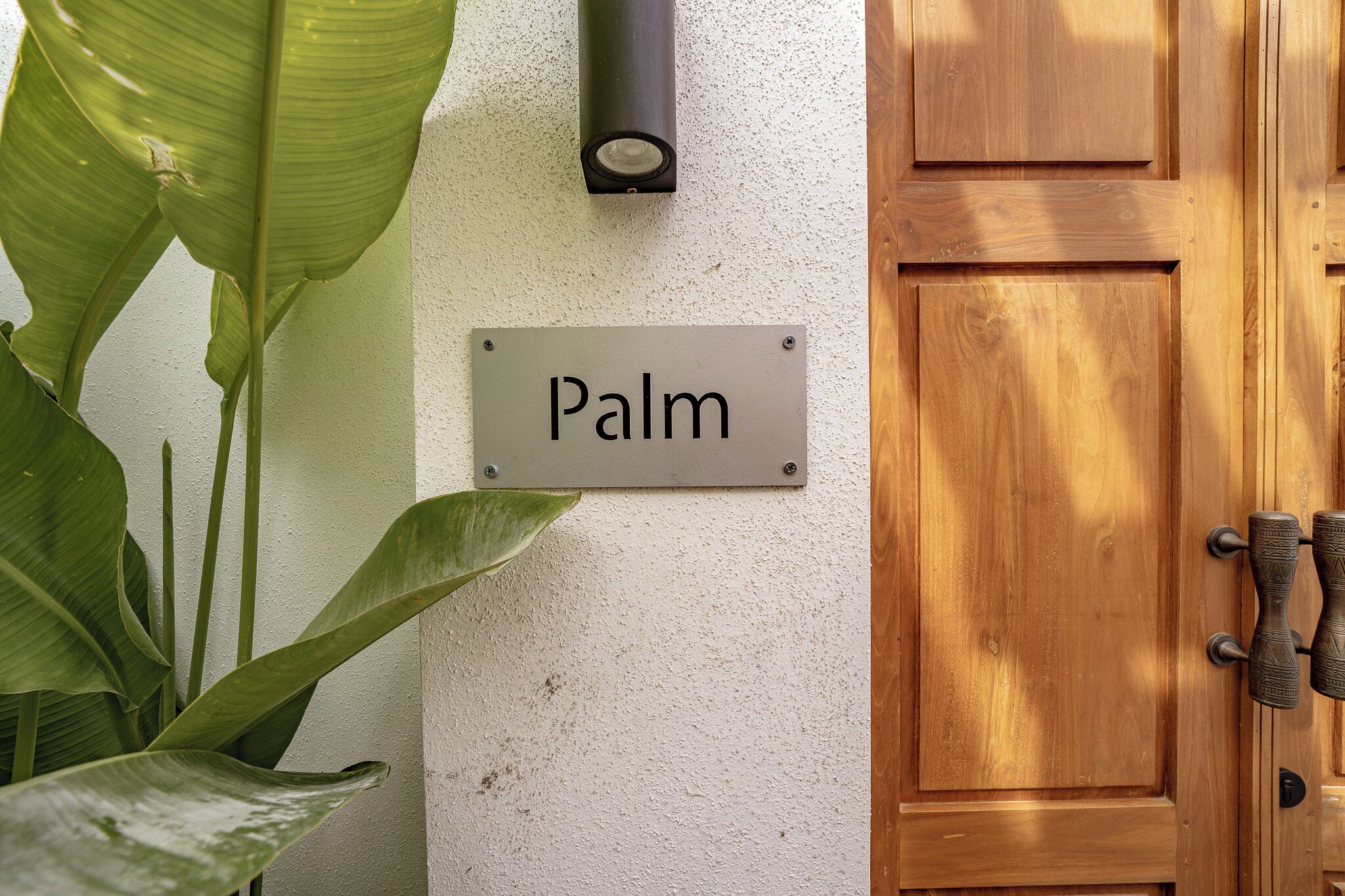 A door with a sign that reads "Palm" mounted on a textured wall.
