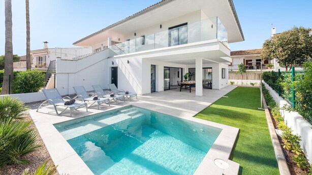 A modern two-story house with a swimming pool, outdoor seating, and a well-maintained lawn. - Ca Na Cati (barcarÉs) - Villa With Private Pool (Es Barcarès (alcúdia), Illes Balears)
