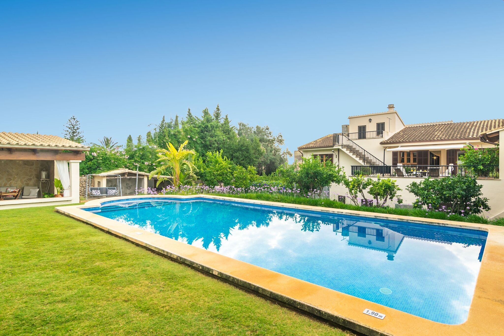 A rectangular swimming pool with a clear blue water surface, surrounded by a well-maintained lawn and various plants.